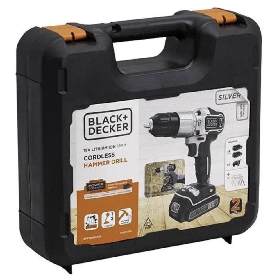 Black&Decker Silver Çift Akülü Darbeli Matkap Seti 18V 2x1.5 Amper BDCHD18SC2K-QW