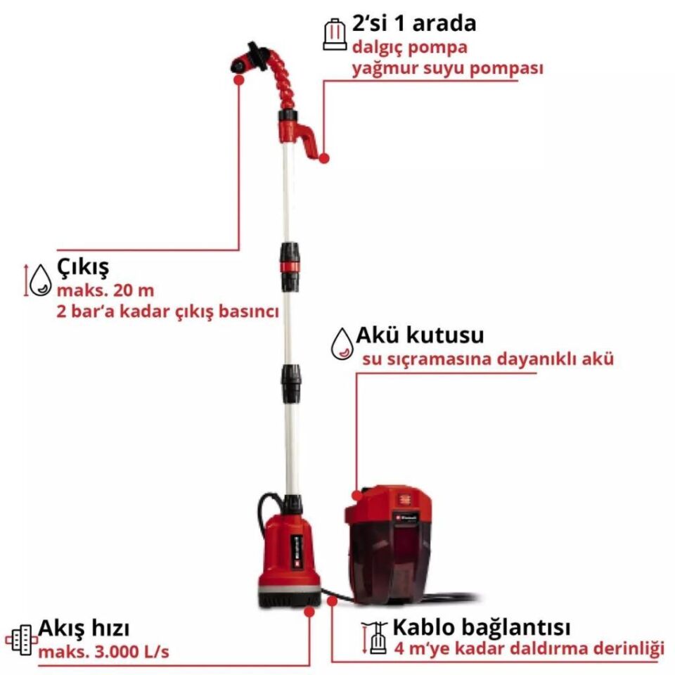 Einhell GE-PP 18 Rb Li Solo Akülü Dalgıç Pompa (Temiz Su) 4170429