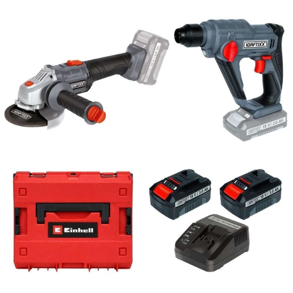 Kraftixx by Einhell Akülü Taşlama ve Darbeli Kırıcı Delici Matkap Seti 2x3 Amper Çantalı Set