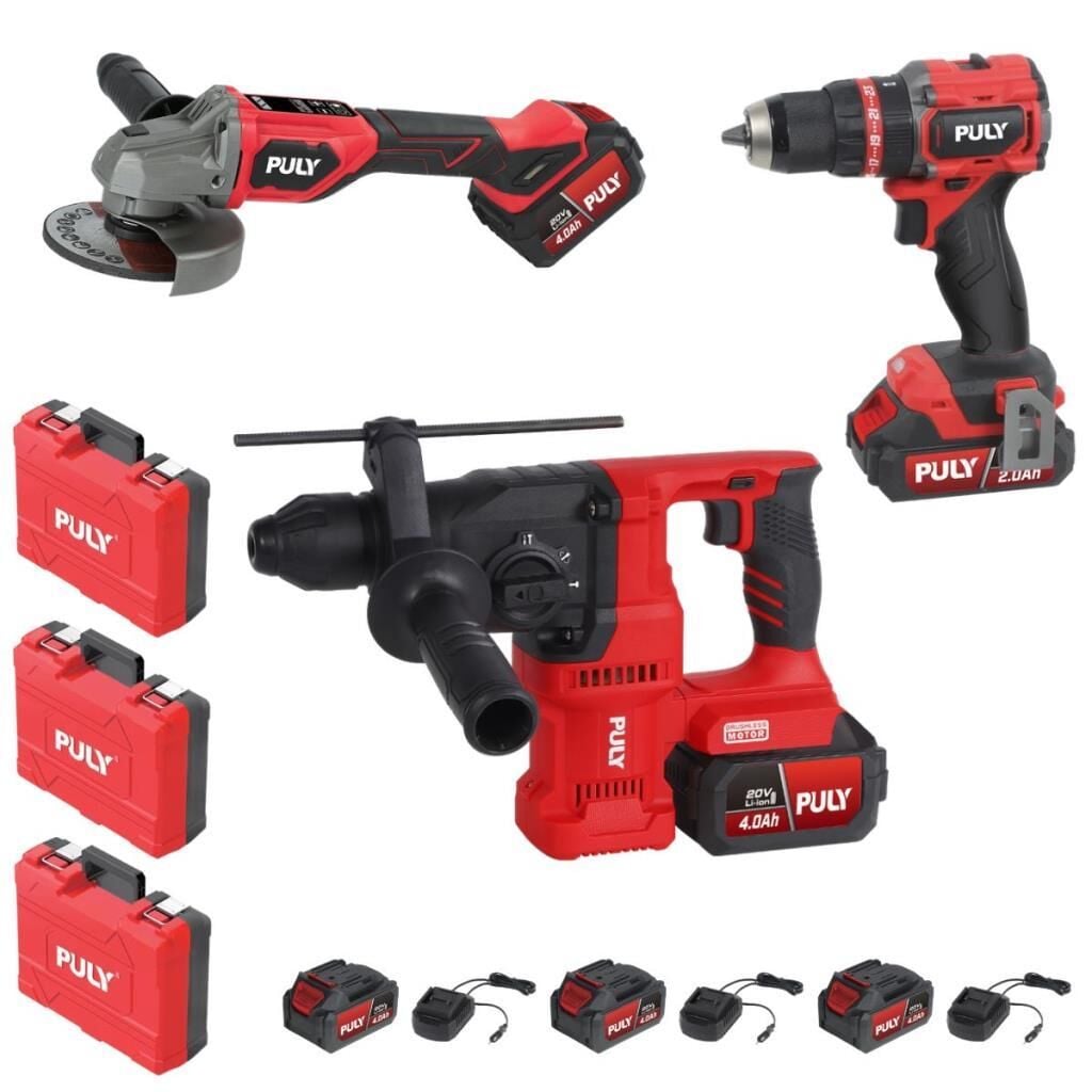 PULY Professional Kömürsüz Akülü Kırıcı Taşlama Matkap Seti